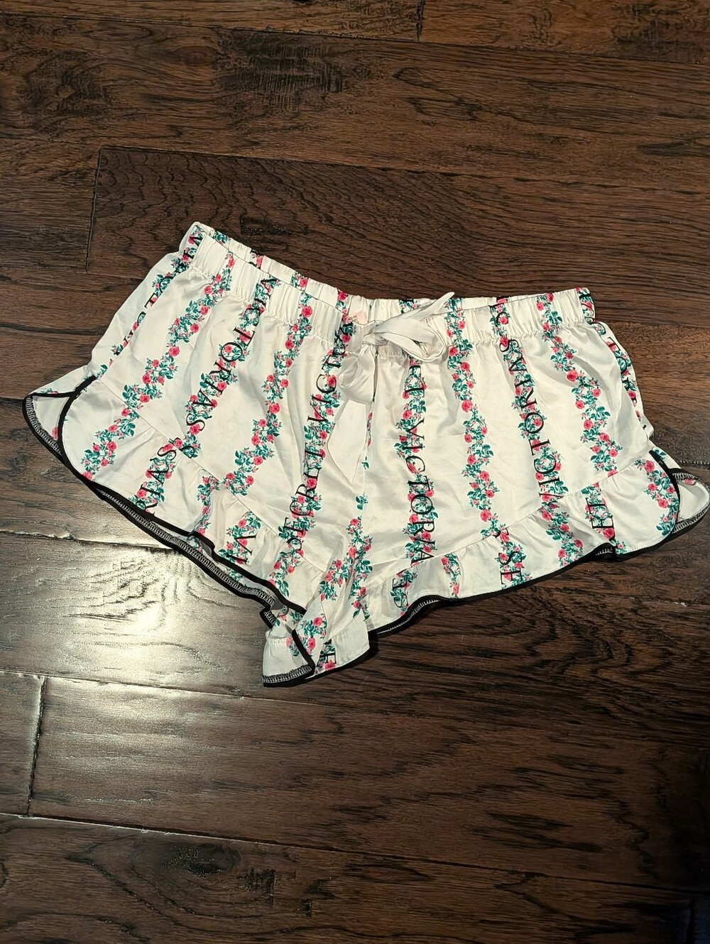 Victoria's Secret White Floral Logo Lounge Shorts with Pink Roses & Greenery